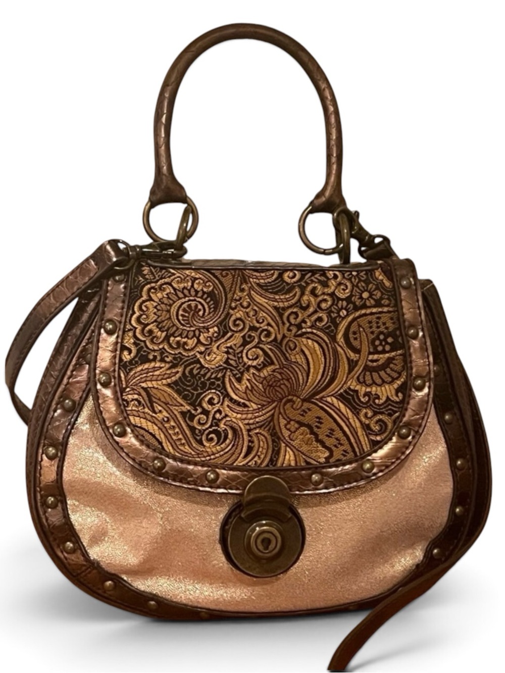 Nine West Vintage Y2K Metallic Gold Paisley Brocade Studded Saddle Bag Purse